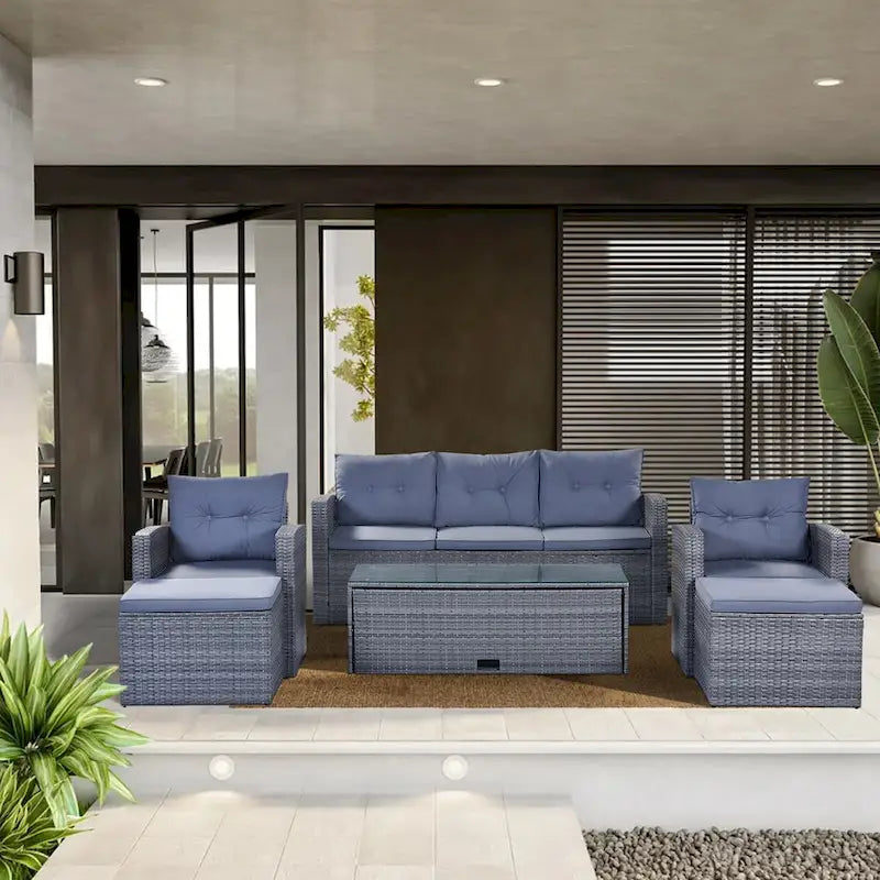 Ensemble de mobilier de jardin 6 pièces en rotin tressé avec canapé d'angle et table basse