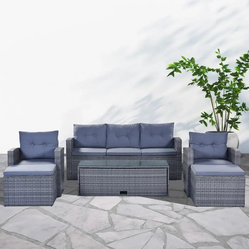 Ensemble de mobilier de jardin 6 pièces en rotin tressé avec canapé d'angle et table basse
