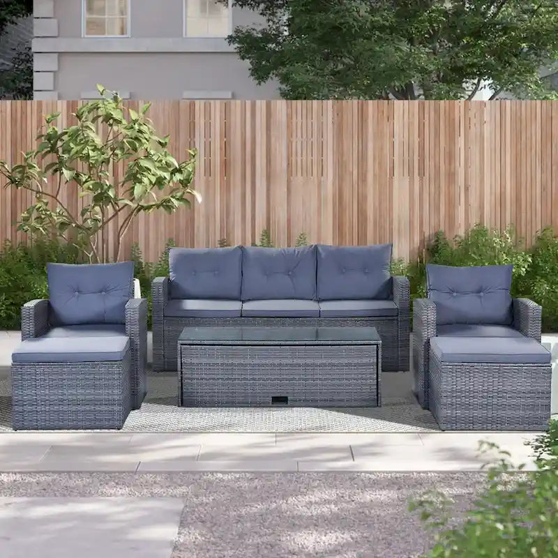 Ensemble de mobilier de jardin 6 pièces en rotin tressé avec canapé d'angle et table basse