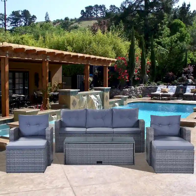 Ensemble de mobilier de jardin 6 pièces en rotin tressé avec canapé d'angle et table basse