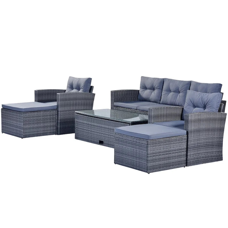 Ensemble de mobilier de jardin 6 pièces en rotin tressé avec canapé d'angle et table basse