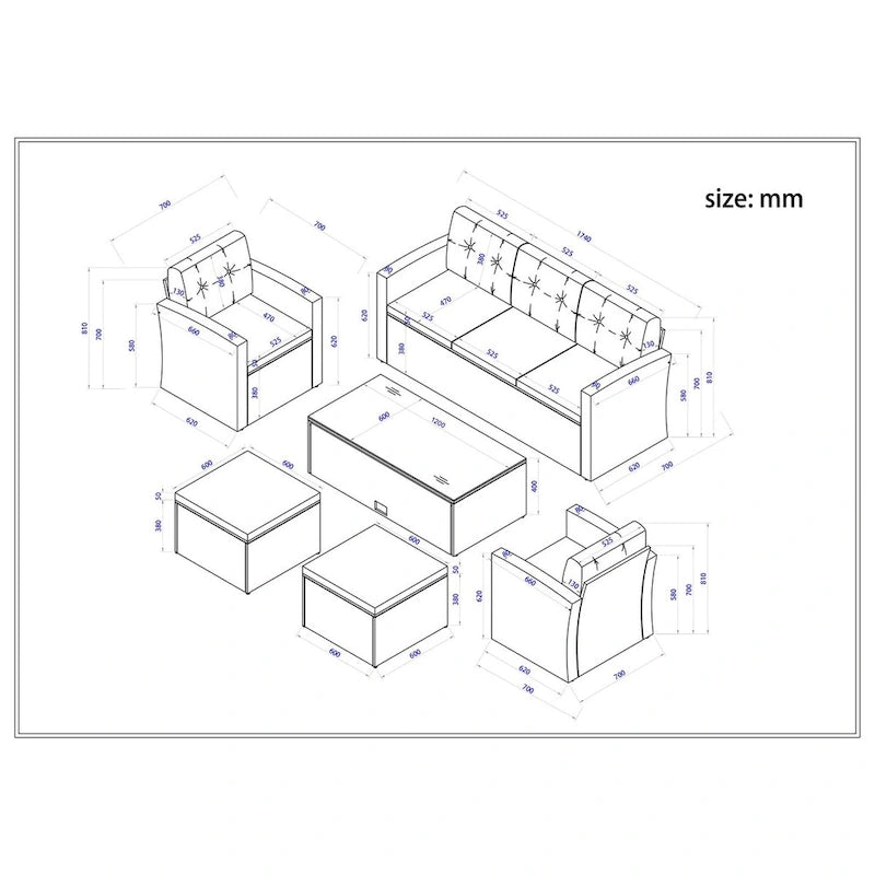 Ensemble de mobilier de jardin 6 pièces en rotin tressé avec canapé d'angle et table basse