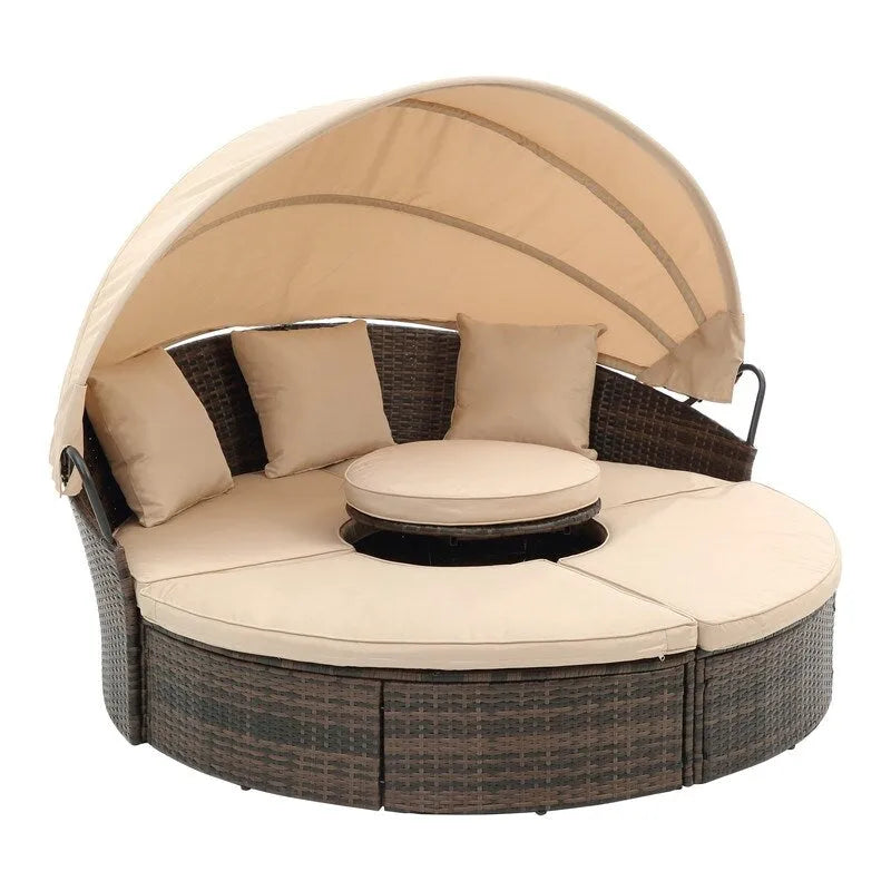 Lit de jour rond d'extérieur en rotin tressé avec auvent, table basse