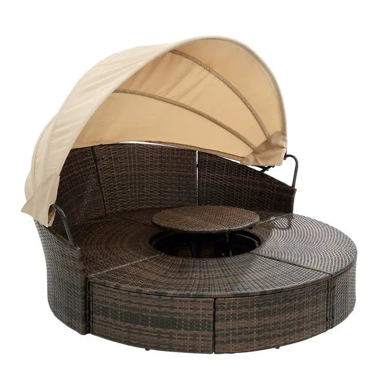 Lit de jour rond d'extérieur en rotin tressé avec auvent, table basse