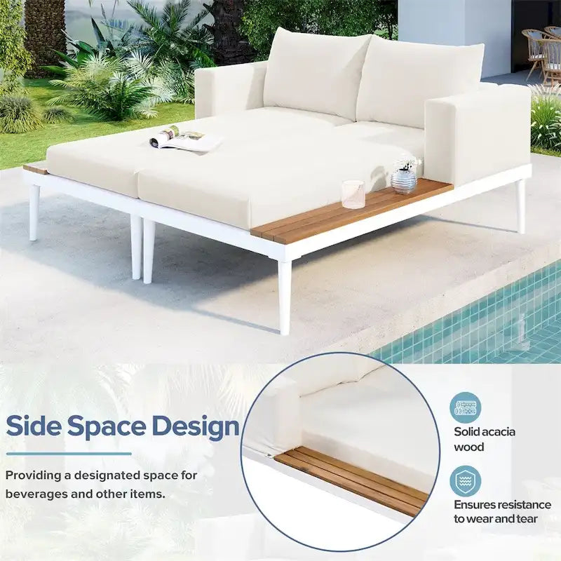 Lit de jour moderne en métal pour terrasse extérieure avec espaces latéraux recouverts de bois