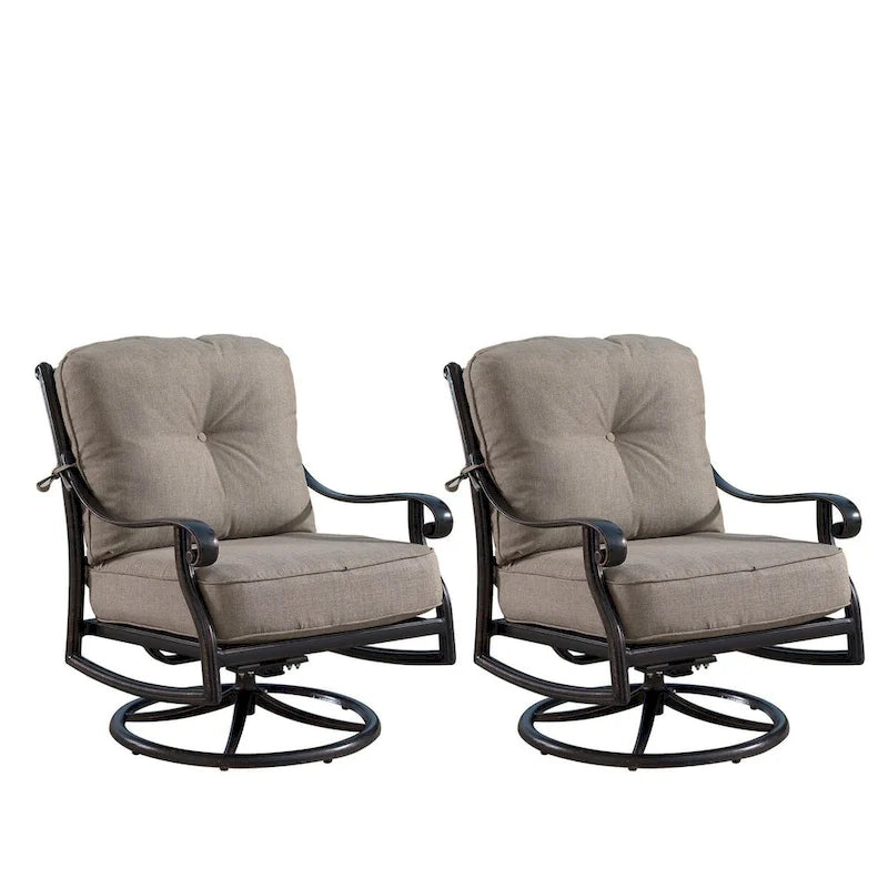 Fauteuils club pivotants à bascule d'extérieur en aluminium, assise profonde, finition cuivre antique, avec coussins épais en polyester beige (lot de 2)