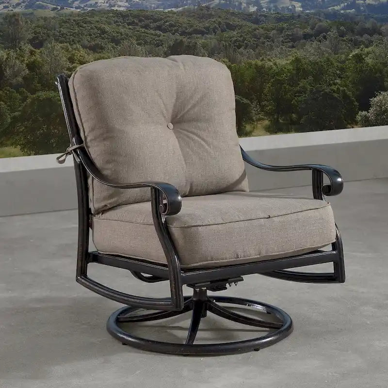Fauteuils club pivotants à bascule d'extérieur en aluminium, assise profonde, finition cuivre antique, avec coussins épais en polyester beige (lot de 2)