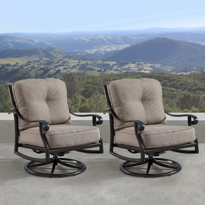 Fauteuils club pivotants à bascule d'extérieur en aluminium, assise profonde, finition cuivre antique, avec coussins épais en polyester beige (lot de 2)