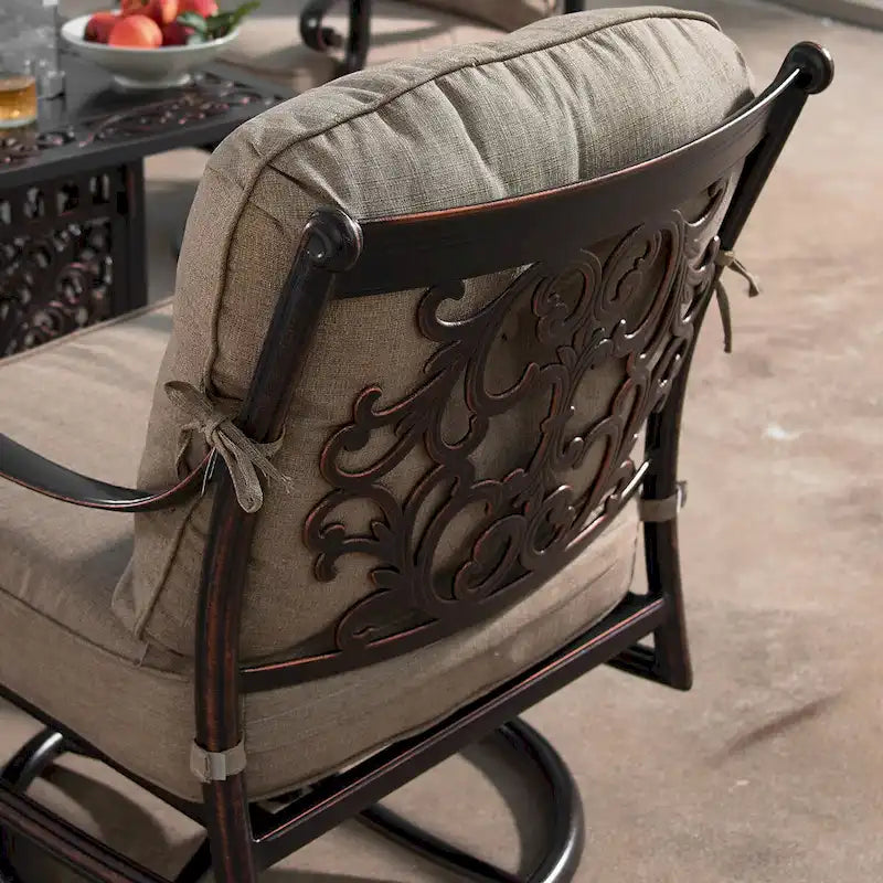 Fauteuils club pivotants à bascule d'extérieur en aluminium, assise profonde, finition cuivre antique, avec coussins épais en polyester beige (lot de 2)