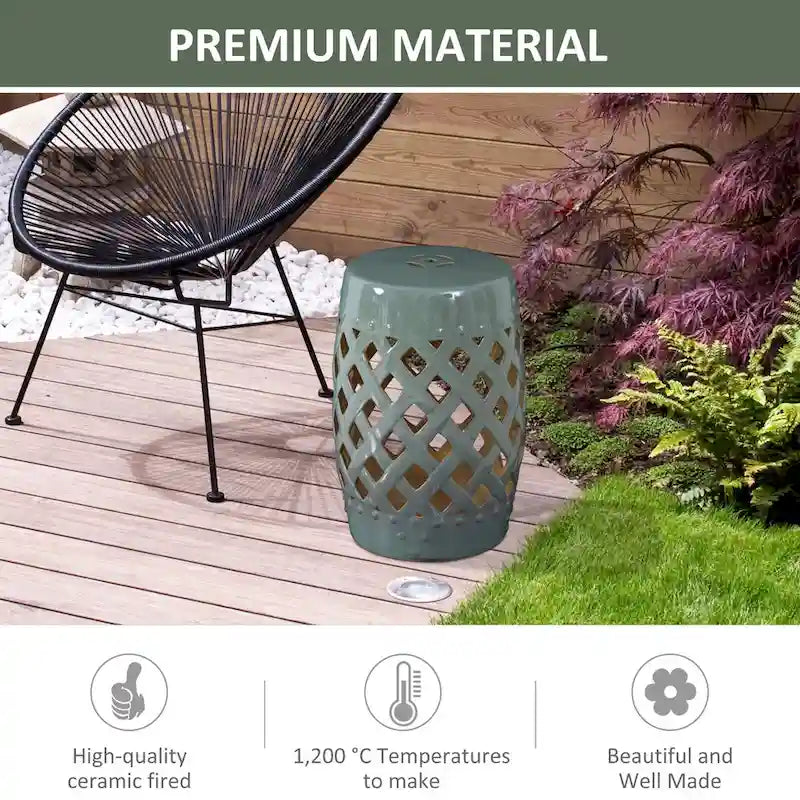 Table d'appoint décorative de patio, table de jardin en céramique avec motif en treillis tressé et matériaux robustes émaillés, verte