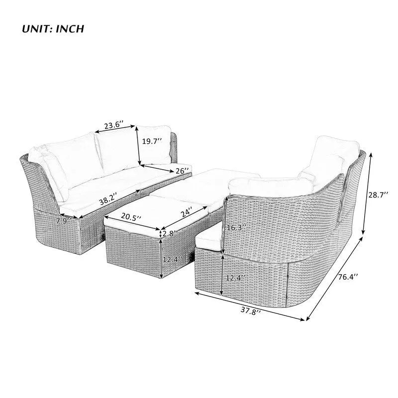 Ensemble de mobilier de jardin 5 pièces, canapé en osier avec coussins épais