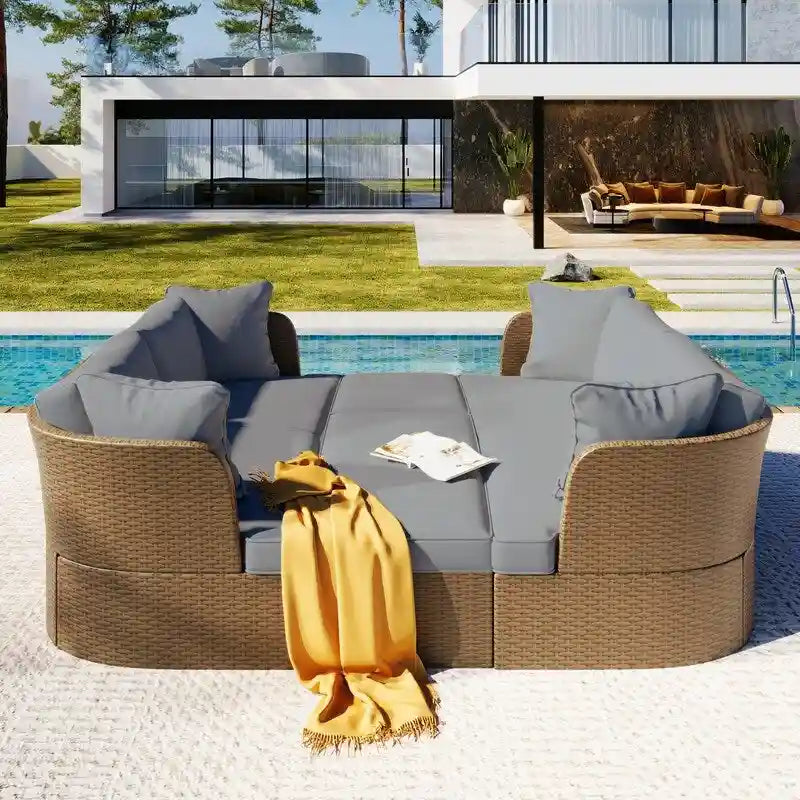 Ensemble de mobilier de jardin 5 pièces, canapé en osier avec coussins épais