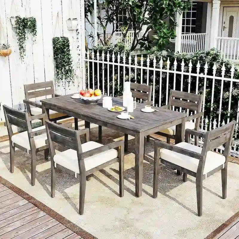 Ensemble de salle à manger d'extérieur 7 pièces, table rectangulaire en bois d'acacia avec chaises