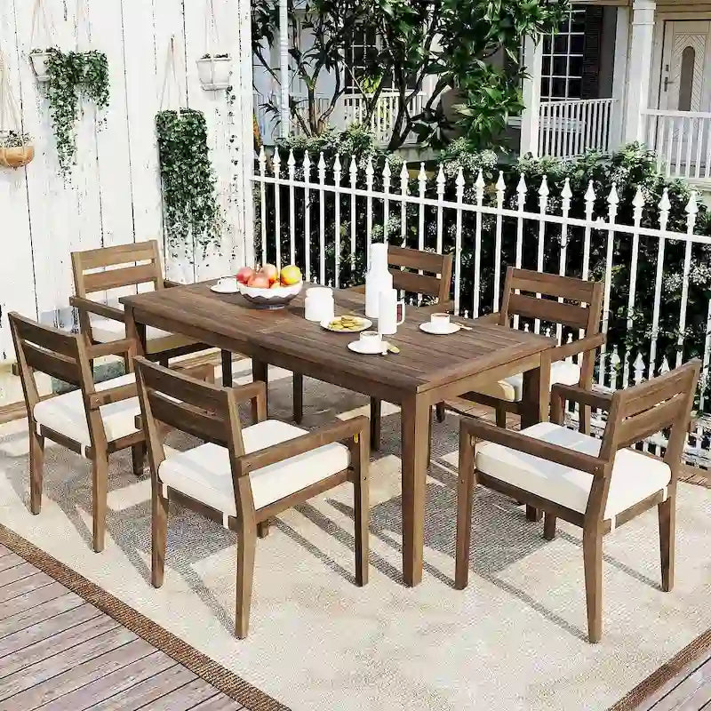 Ensemble de salle à manger d'extérieur 7 pièces, table rectangulaire en bois d'acacia avec chaises