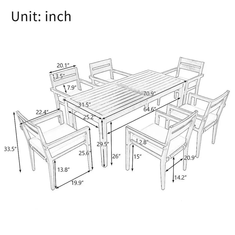 Ensemble de salle à manger d'extérieur 7 pièces, table rectangulaire en bois d'acacia avec chaises