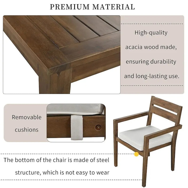 Ensemble de salle à manger d'extérieur 7 pièces, table rectangulaire en bois d'acacia avec chaises