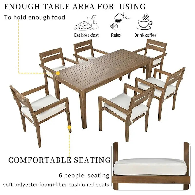Ensemble de salle à manger d'extérieur 7 pièces, table rectangulaire en bois d'acacia avec chaises