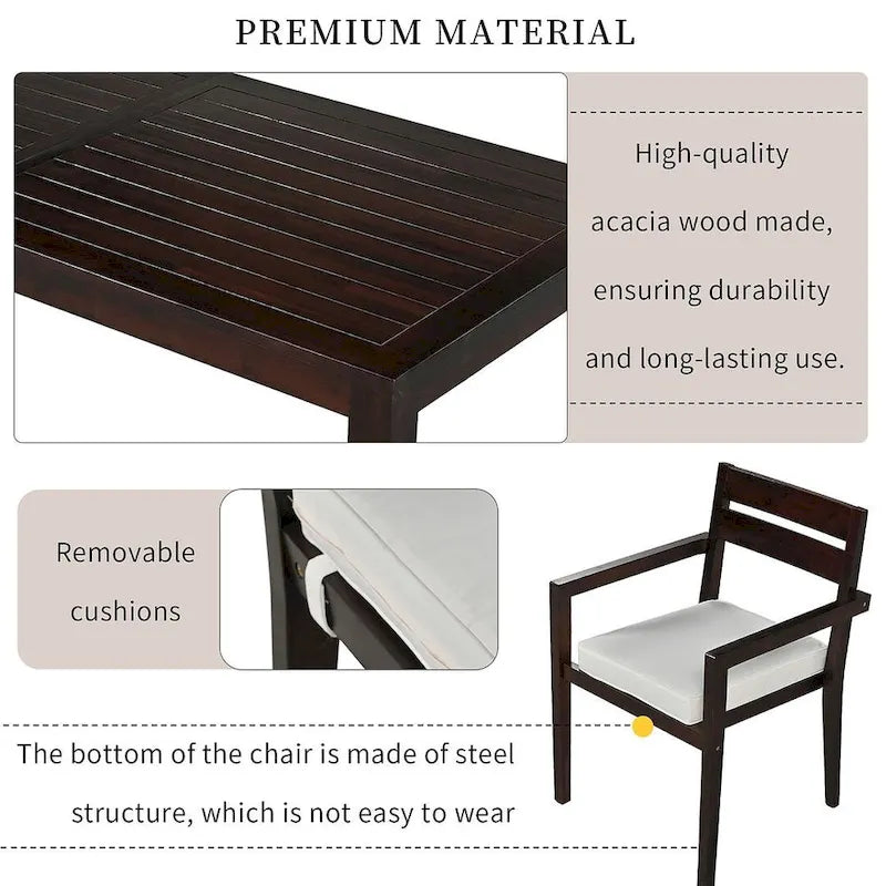 Ensemble de salle à manger d'extérieur 7 pièces, table rectangulaire en bois d'acacia avec chaises