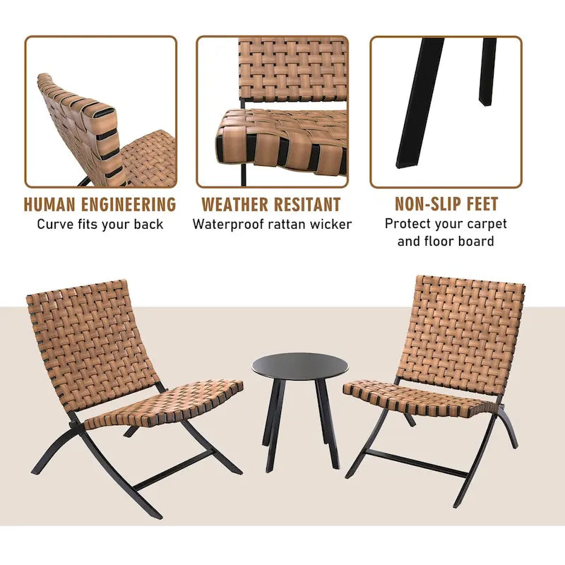 Ensemble de 3 chaises pliantes d'extérieur Jamison en rotin tressé marron clair - Non disponible