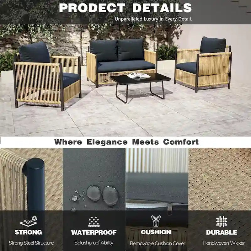 Ensemble de canapé d'extérieur 4 pièces en résine tressée marron avec coussins gris