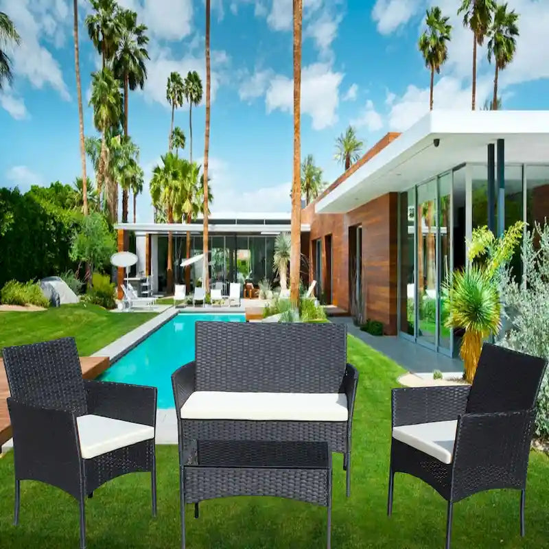 Ensemble de mobilier de patio en rotin 4 pièces, canapé d'extérieur en osier avec coussins (coussins beiges)