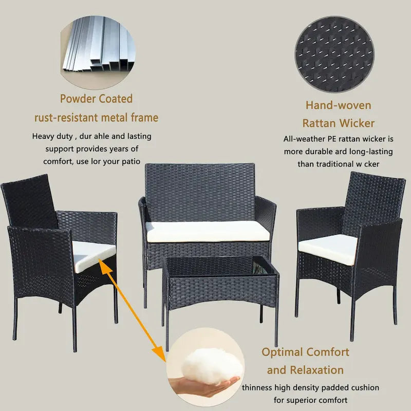 Ensemble de mobilier de patio en rotin 4 pièces, canapé d'extérieur en osier avec coussins (coussins beiges)