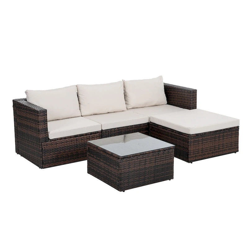 Ensemble de 5 meubles en osier avec table basse en verre trempé