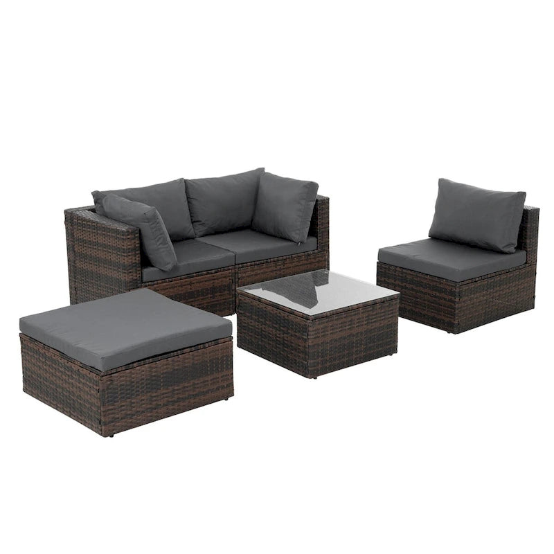 Ensemble de 5 meubles en osier avec table basse en verre trempé
