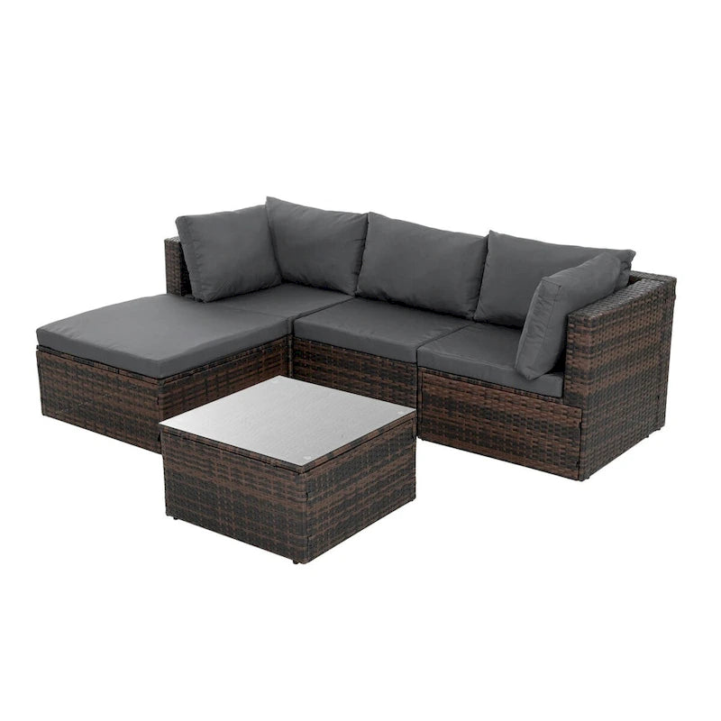 Ensemble de 5 meubles en osier avec table basse en verre trempé