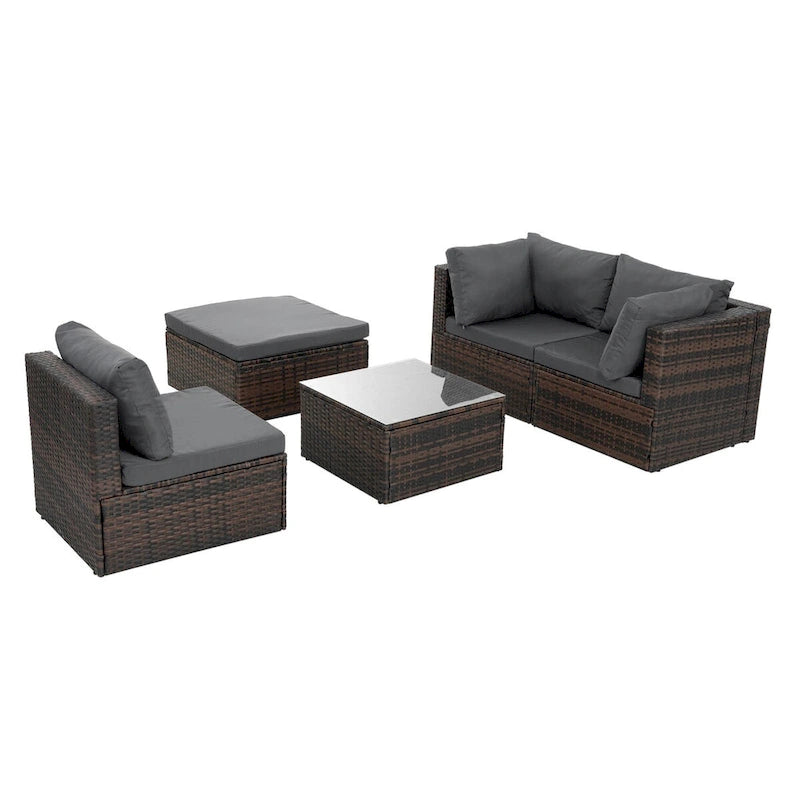 Ensemble de 5 meubles en osier avec table basse en verre trempé