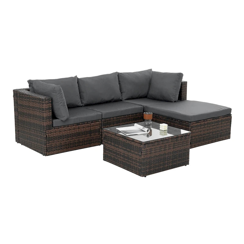 Ensemble de 5 meubles en osier avec table basse en verre trempé