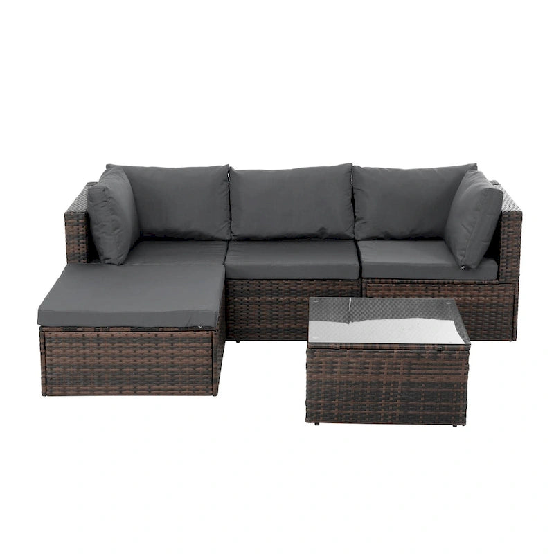 Ensemble de 5 meubles en osier avec table basse en verre trempé