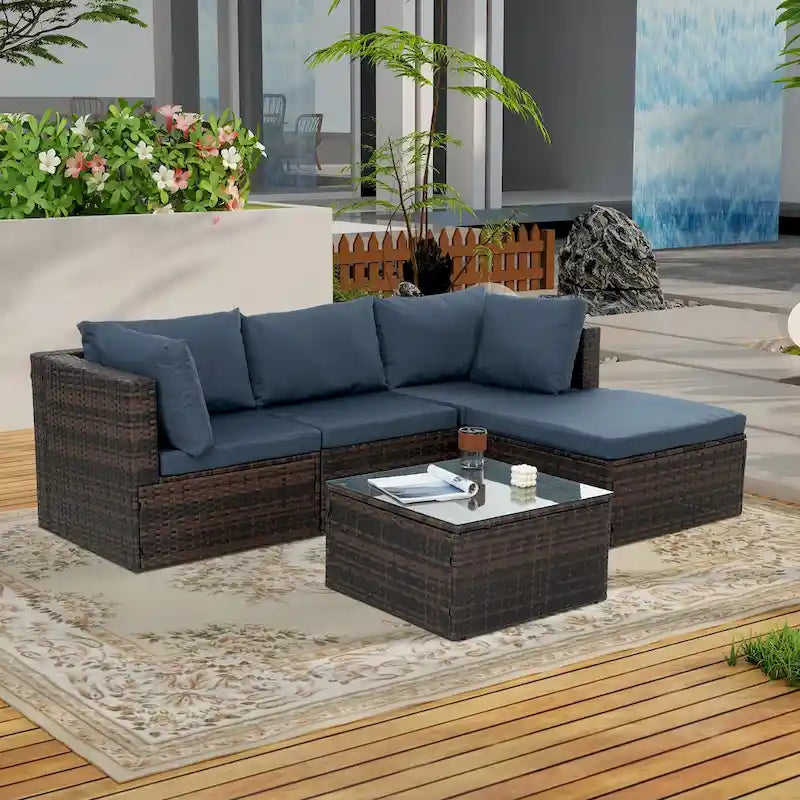 Ensemble de 5 meubles en osier avec table basse en verre trempé