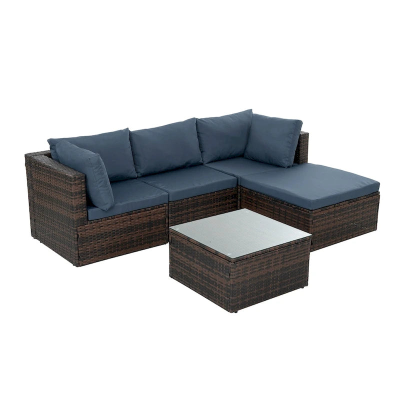 Ensemble de 5 meubles en osier avec table basse en verre trempé