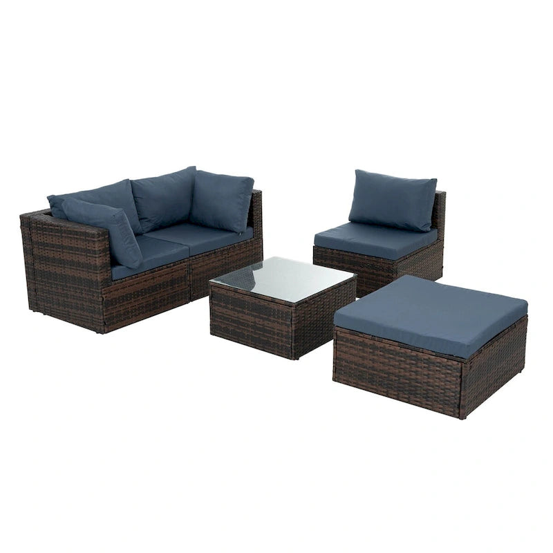 Ensemble de 5 meubles en osier avec table basse en verre trempé