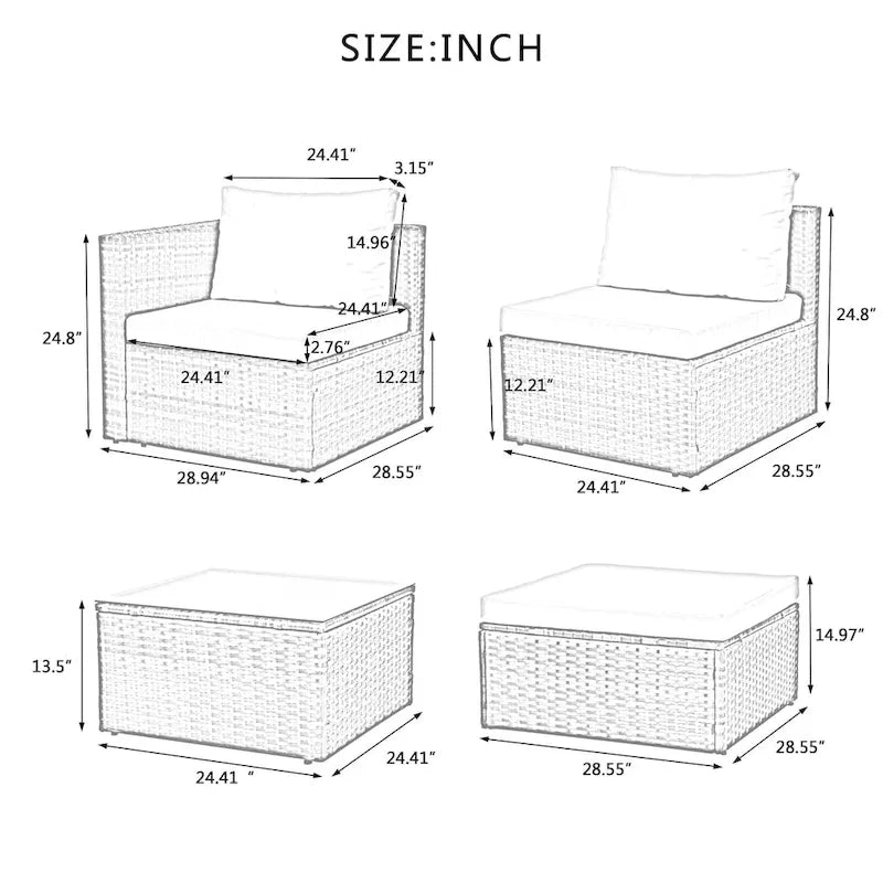 Ensemble de 5 meubles en osier avec table basse en verre trempé