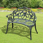 Cast Aluminum Two-Seat Outdoor Bench with Floral Rose Accent & Antique Finish, Green