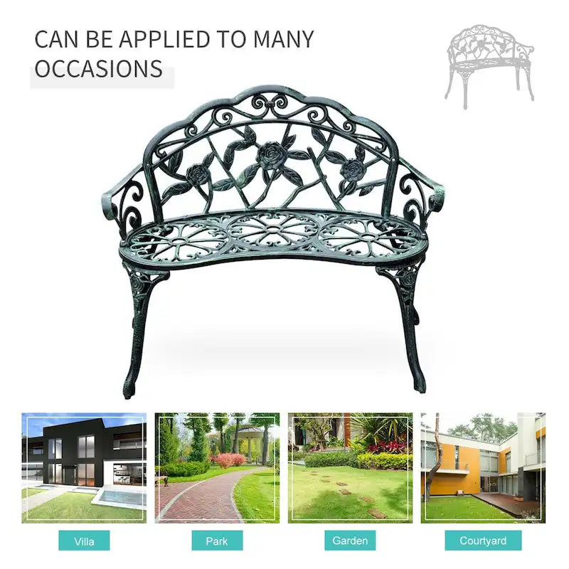 Banc d'extérieur deux places en aluminium moulé, orné de roses et finition antique, vert