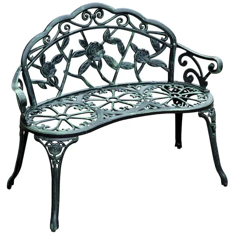 Banc d'extérieur deux places en aluminium moulé, orné de roses et finition antique, vert
