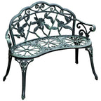 Banc d'extérieur deux places en aluminium moulé, orné de roses et finition antique, vert