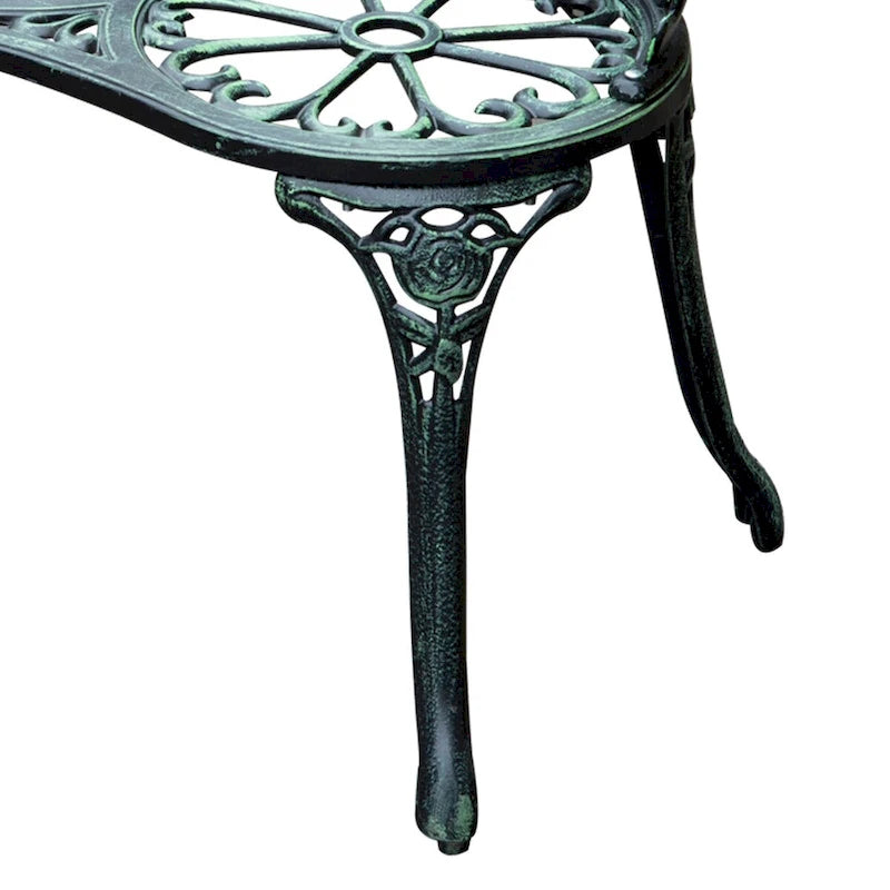 Banc d'extérieur deux places en aluminium moulé, orné de roses et finition antique, vert