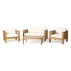 Ensemble canapé deux places et table basse en bois de teck et d'acacia avec coussins crème