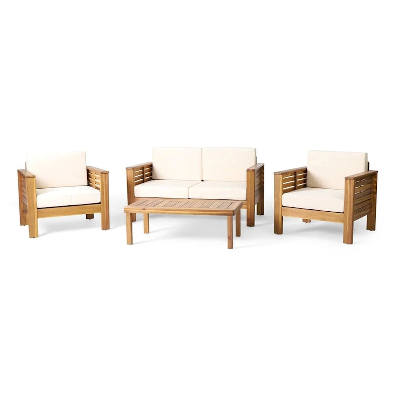 Ensemble canapé deux places et table basse en bois de teck et d'acacia avec coussins crème