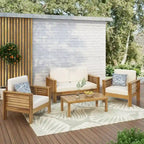 Ensemble canapé deux places et table basse en bois de teck et d'acacia avec coussins crème