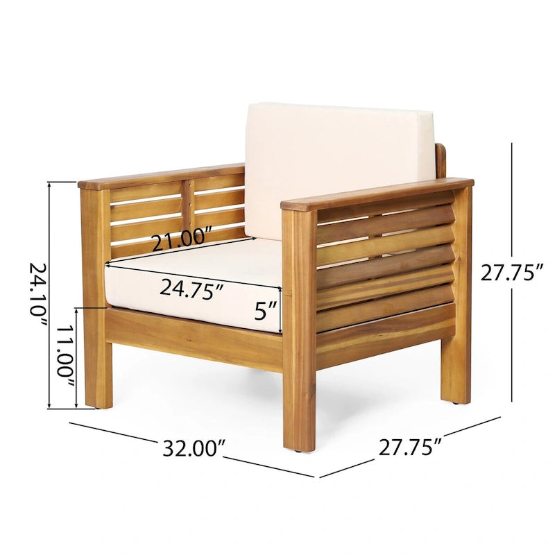 Ensemble canapé deux places et table basse en bois de teck et d'acacia avec coussins crème