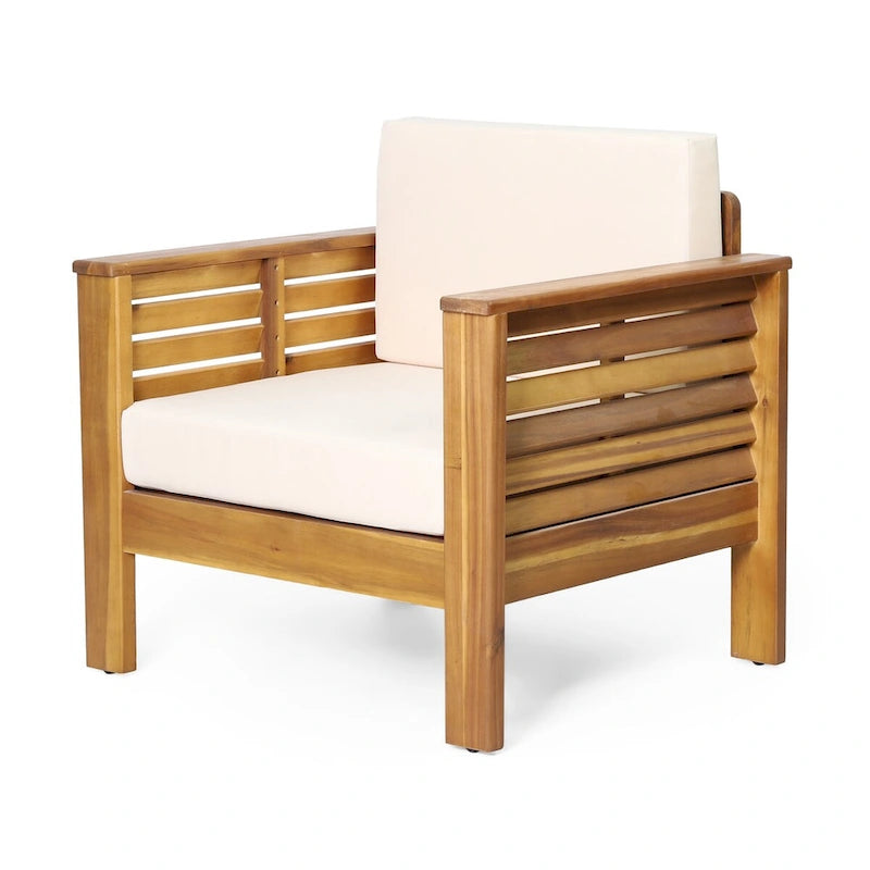 Ensemble canapé deux places et table basse en bois de teck et d'acacia avec coussins crème