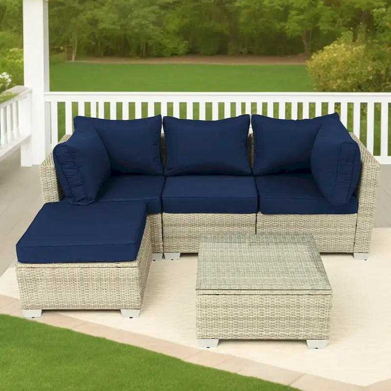 5-Piece Hand-Woven PE Wicker Outdoor Patio Sectional Sofa Set with Cushions and Coffee Table