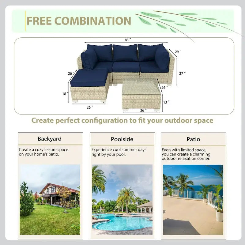 Ensemble de canapé d'angle d'extérieur 5 pièces en résine tressée PE tressée à la main avec coussins et table basse