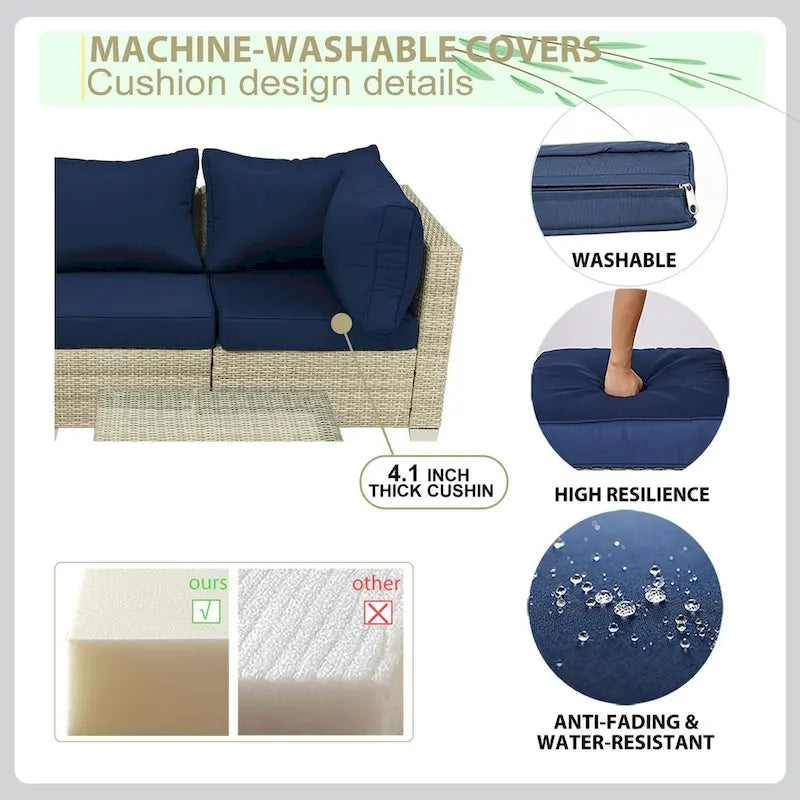 Ensemble de canapé d'angle d'extérieur 5 pièces en résine tressée PE tressée à la main avec coussins et table basse