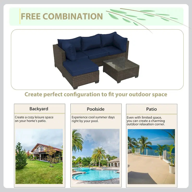 Ensemble de canapé d'angle d'extérieur 5 pièces en résine tressée PE tressée à la main avec coussins et table basse